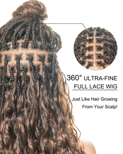 Kiki - Pre Bleached Human Hair Deep Wave Curls Pre Bleached Knotless Swiss HD Full Lace Boho Box Braided Wig
