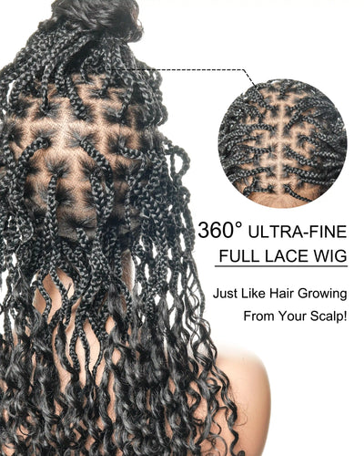 18" Wavy Box Braided Wig With Human Hair Curly Ends Pre Bleached Knots