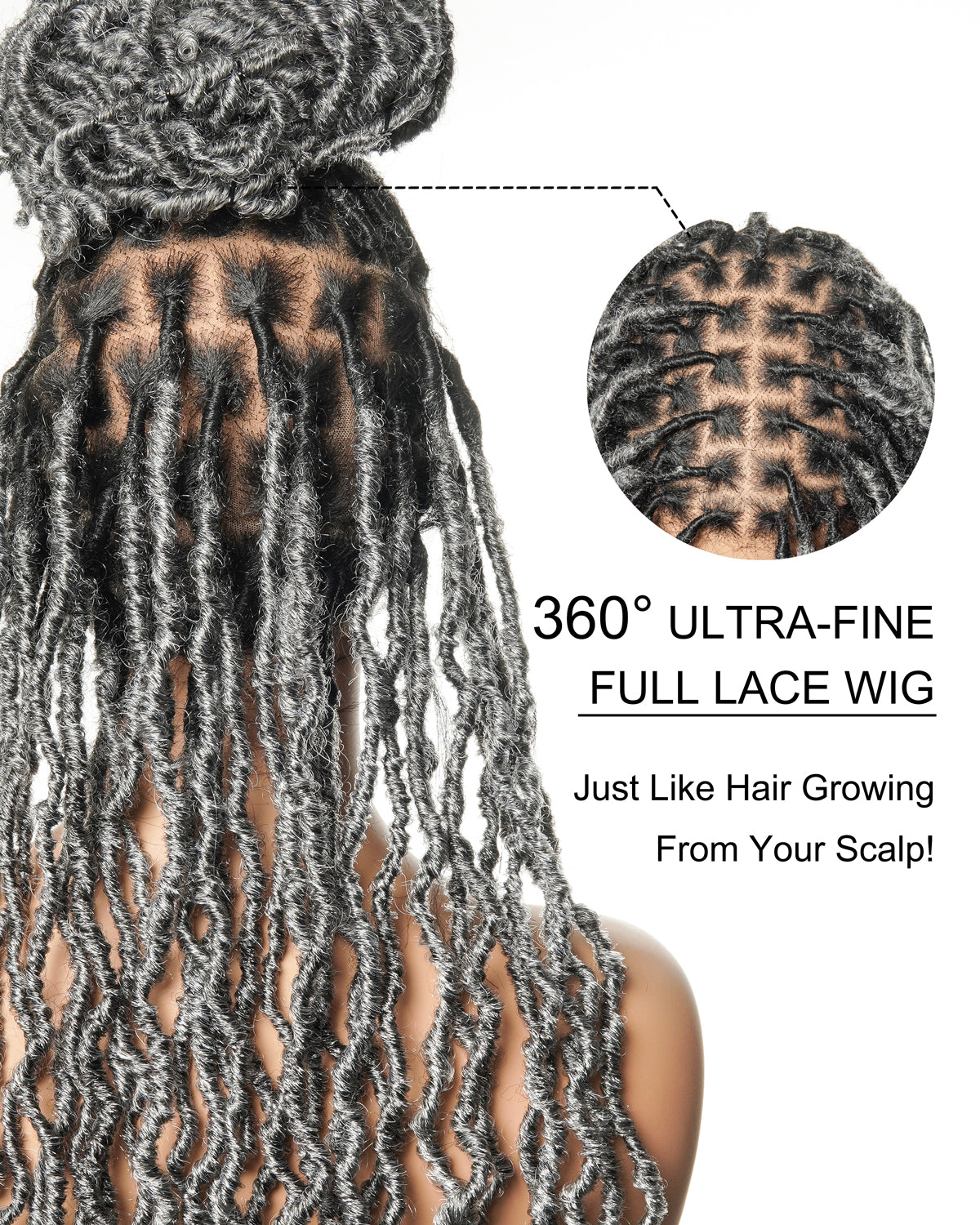 24" Salon-level Salt & Pepper Knotless Locs HD Full Lace Wig With Flat Roots