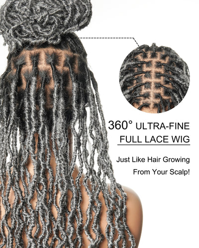24" Salon-level Salt & Pepper Knotless Locs HD Full Lace Wig With Flat Roots