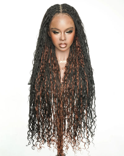 36" Human Hair Boho Box Braided Wig - 1B/#33 Full Lace HD Pre-Bleached Wig