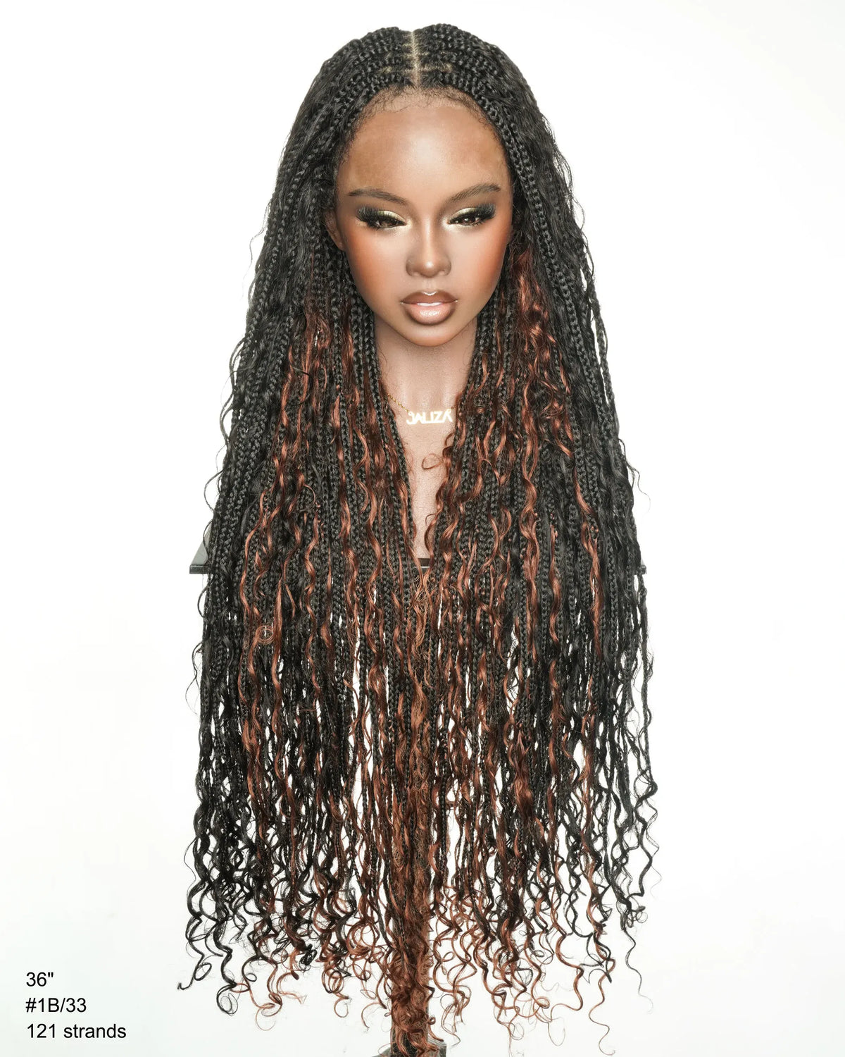 36" Human Hair Boho Box Braided Wig - 1B/#33 Full Lace HD Pre-Bleached Wig