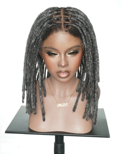 JALIZA 12 inch Salt & Pepper Dreadlock HD Lace Frontal Human Hair Wig Middle Part (Mannequin - Front View)