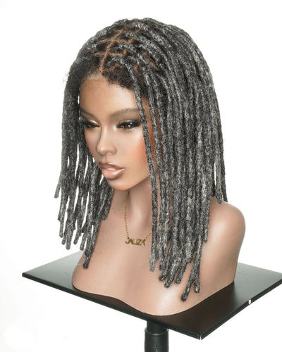 JALIZA 12 inch Salt & Pepper Dreadlock Pre Bleached HD Full Lace Human Hair Wig (Mannequin - Front View)