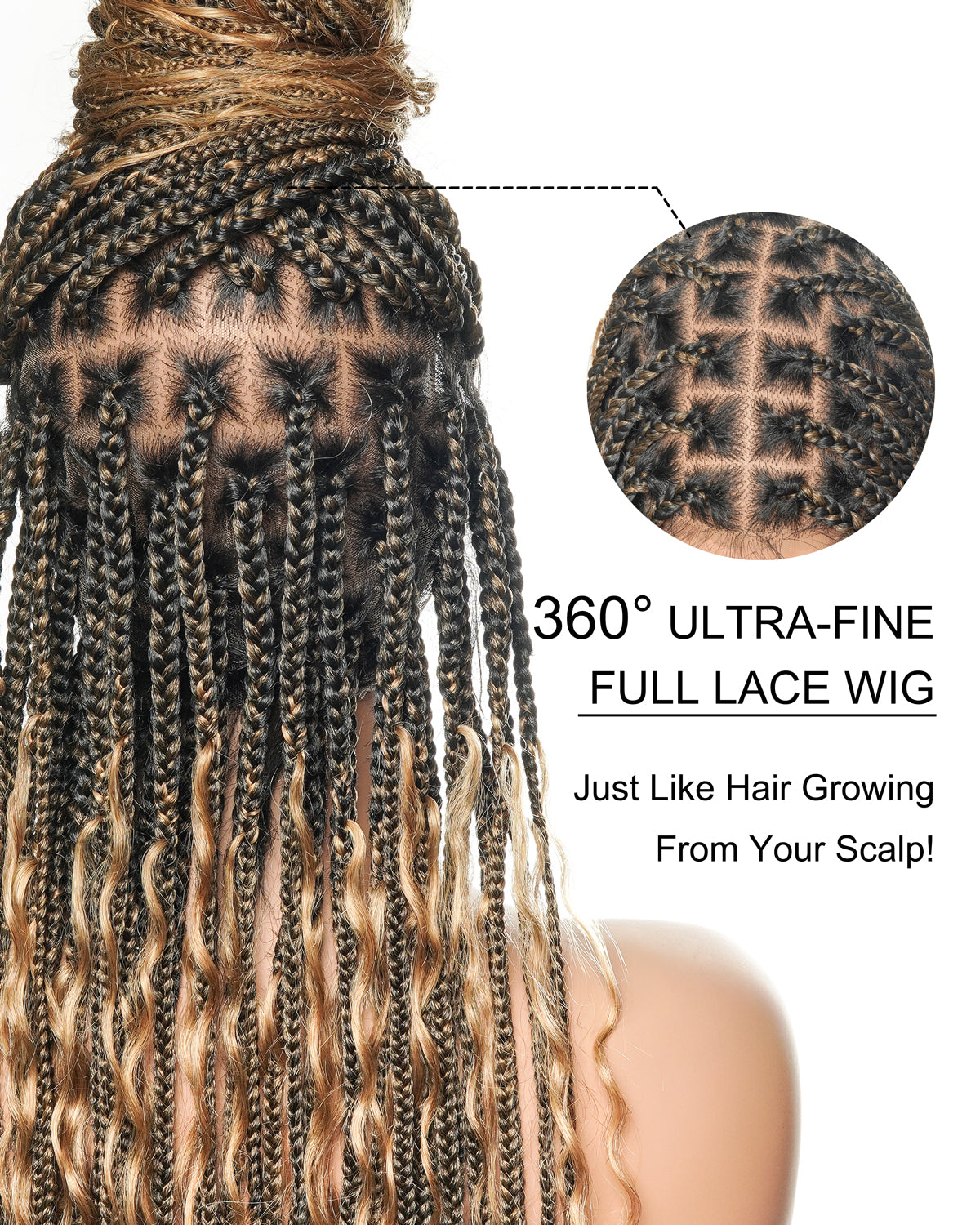 100% Hand-Tied Full Transparent Lace Human Hair Boho Curls Knotless Boho Box Braided Wig