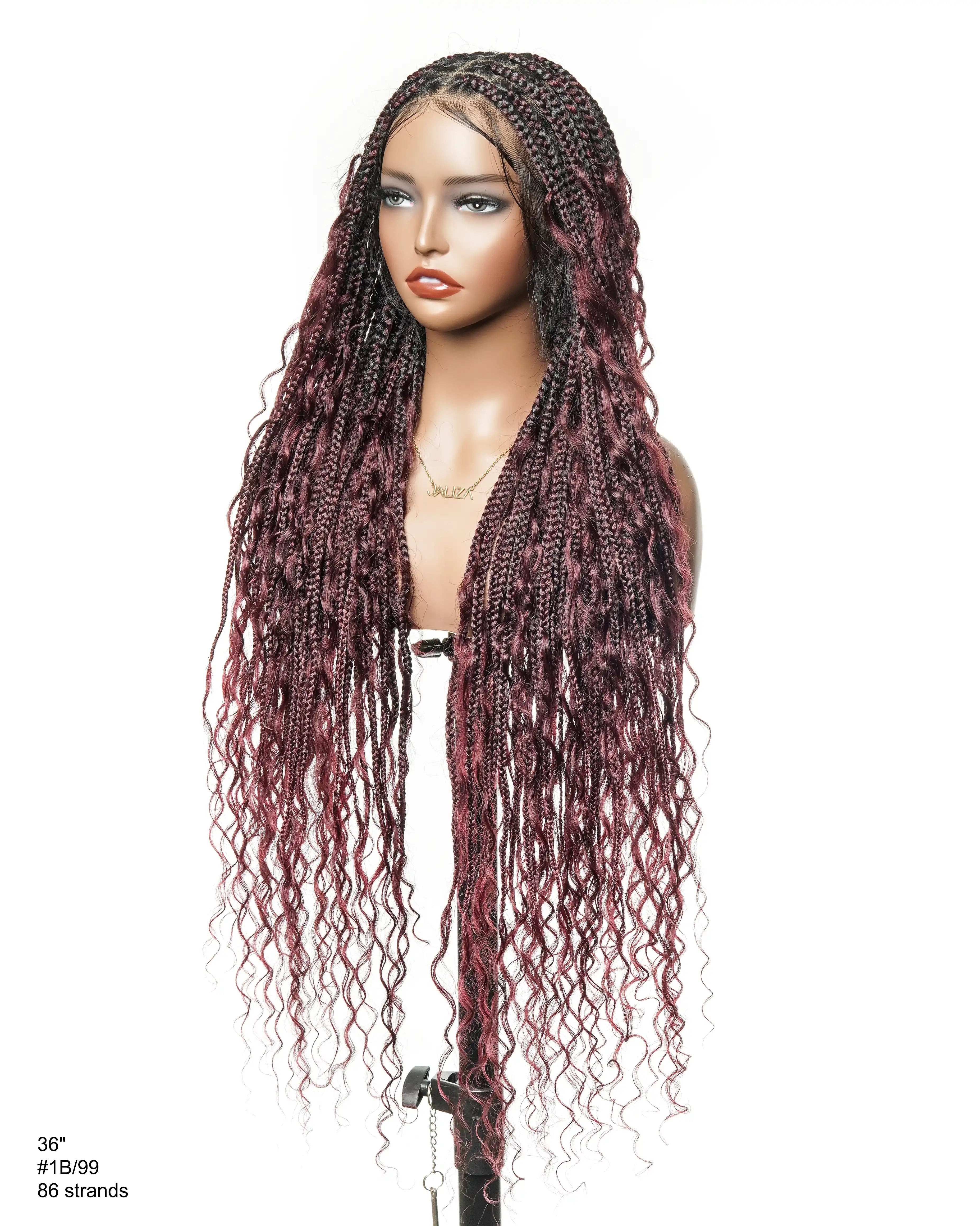 100% Hand-Tied Full Transparent Lace Human Hair Boho Curls Knotless Boho Box Braided Wig