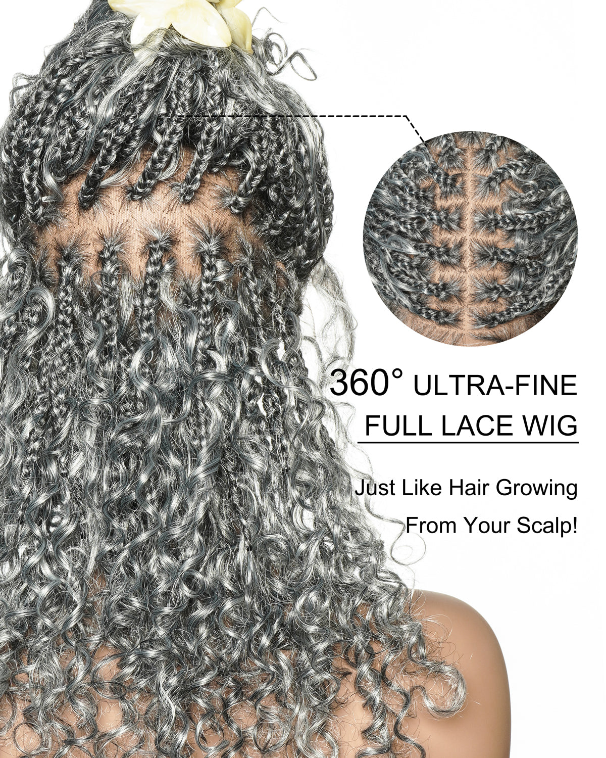 16" Salt & Pepper Deep Wave Curls Glueless HD Full Lace Boho Box Braided Wig – Human Hair & Synthetic Blend