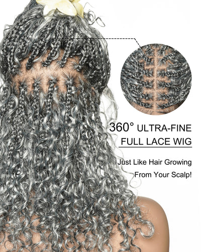 16" Salt & Pepper Deep Wave Curls Glueless HD Full Lace Boho Box Braided Wig – Human Hair & Synthetic Blend