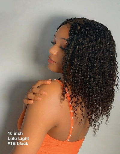 JALIZA 16 inch Natural Black #1B Curly Wave Boho Box Braids Pre Bleached Swiss HD Full Lace Braided Wig (Model - Side View)