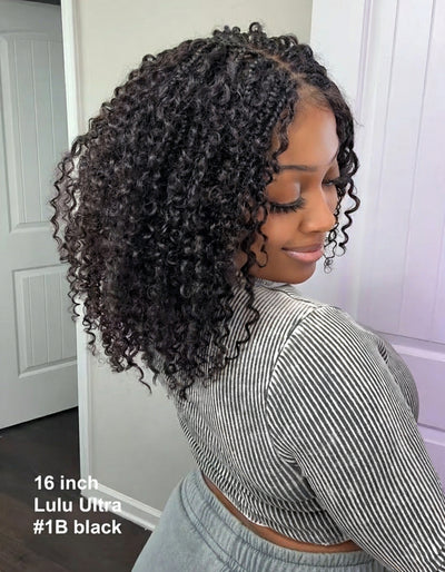 JALIZA 16 inch Natural Black #1B Curly Wave Boho Box Braids Pre Bleached Swiss HD Full Lace Braided Wig (Model - Side View)