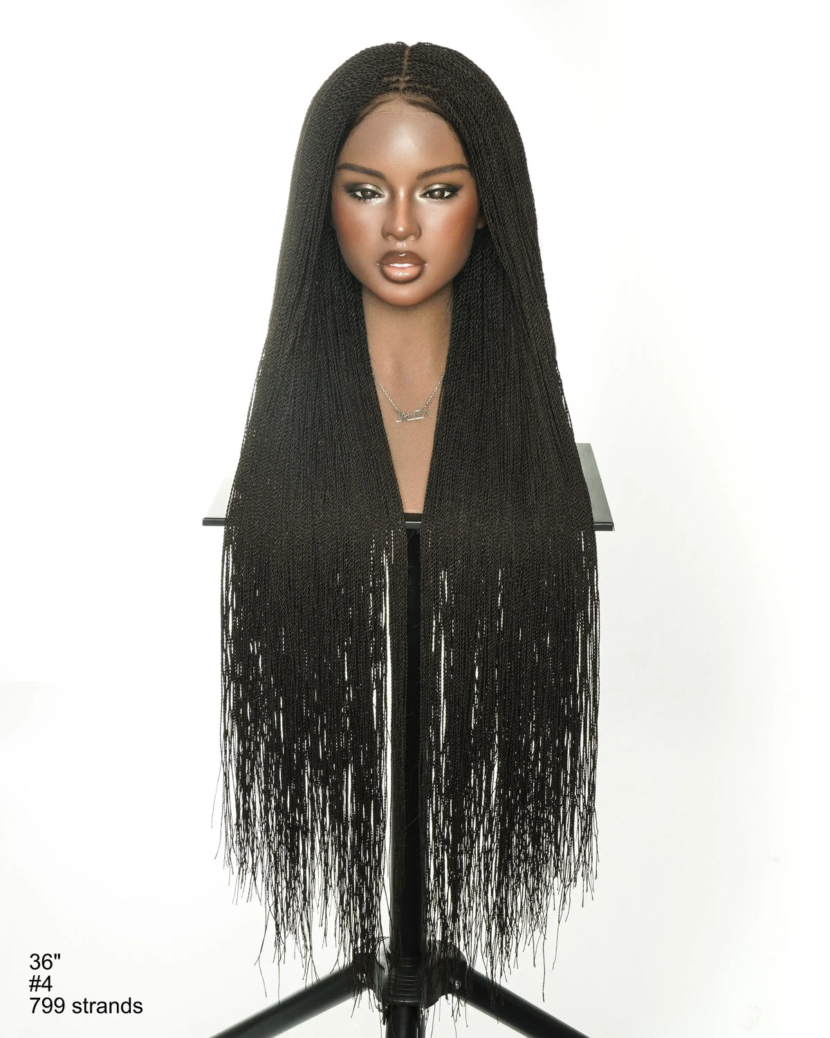 JALIZA 36 inch Natural Black #1B Micro Senegalese Twist Pre Bleached Swiss HD Full Lace Braided Wig (Mannequin - Front View)