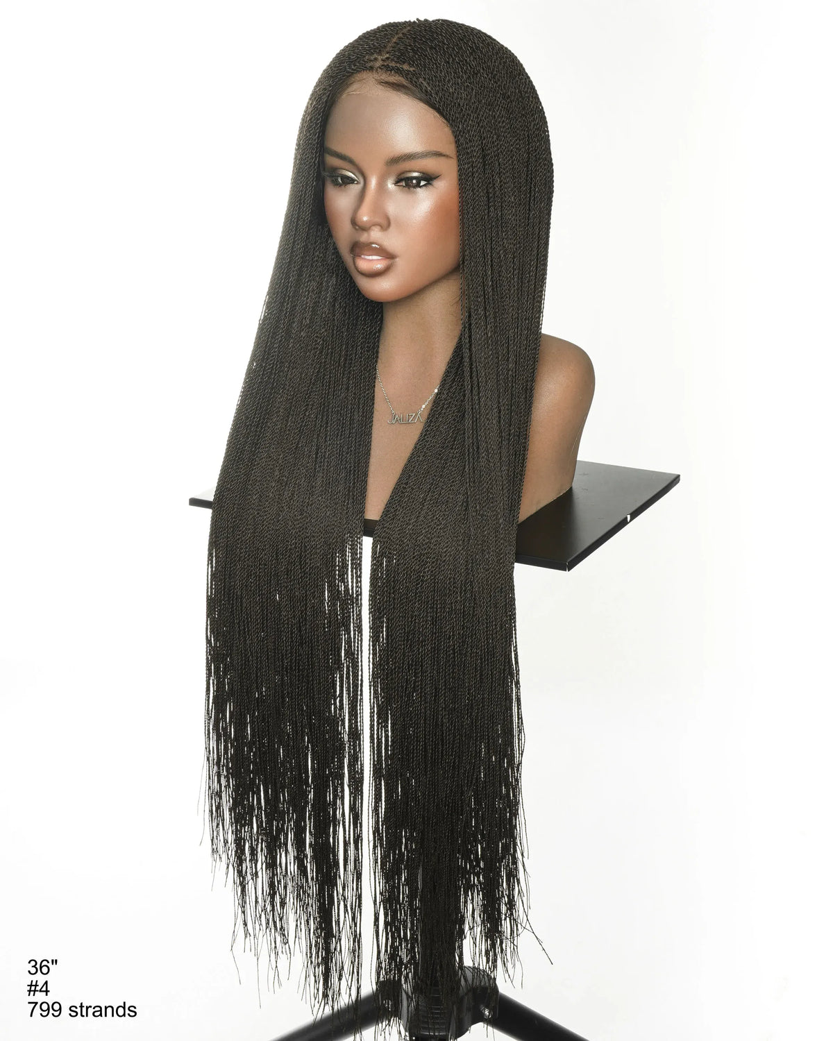 JALIZA 36 inch Natural Black #1B Micro Senegalese Twist Pre Bleached Swiss HD Full Lace Braided Wig (Mannequin - Front View)