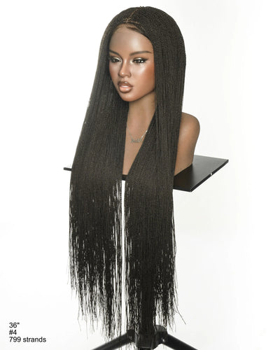 JALIZA 36 inch Natural Black #1B Micro Senegalese Twist Pre Bleached Swiss HD Full Lace Braided Wig (Mannequin - Front View)