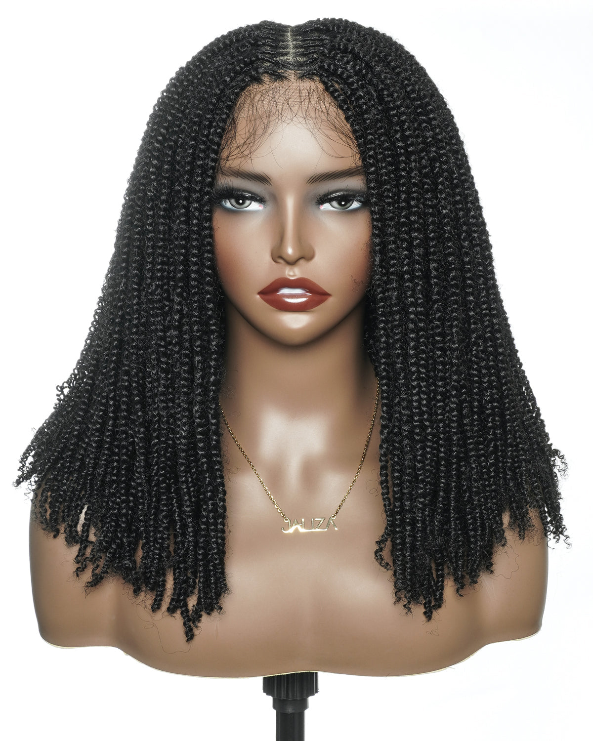 Tina - Senegalese Mini Twist Braided Wig 14" Full Hand-tied Swiss HD Lace With Curly Ends - Human Baby Hair