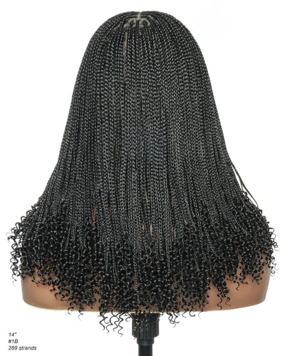 Tina - Senegalese Mini Twist Braided Wig 14" Full Hand-tied Swiss HD Lace With Curly Ends - Human Baby Hair