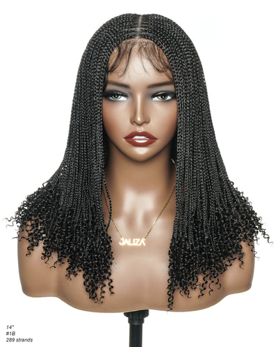 Tina - Senegalese Mini Twist Braided Wig 14" Full Hand-tied Swiss HD Lace With Curly Ends - Human Baby Hair