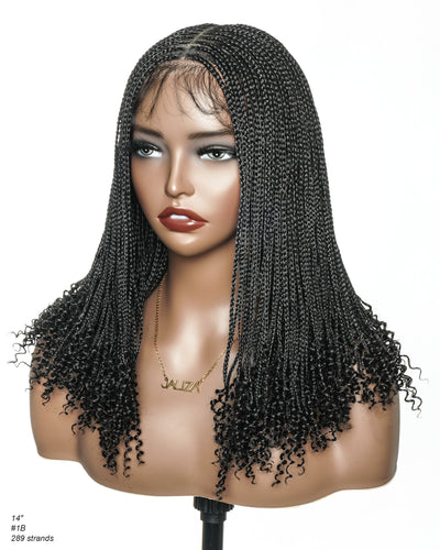 Tina - Senegalese Mini Twist Braided Wig 14" Full Hand-tied Swiss HD Lace With Curly Ends - Human Baby Hair