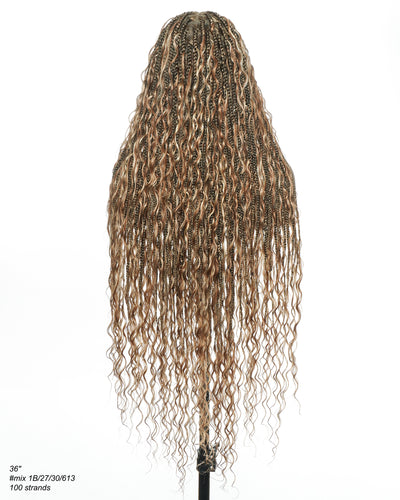 36" Mix Color 1B 27 30 613 HD Full Lace Knotless Boho Box Braided Wig