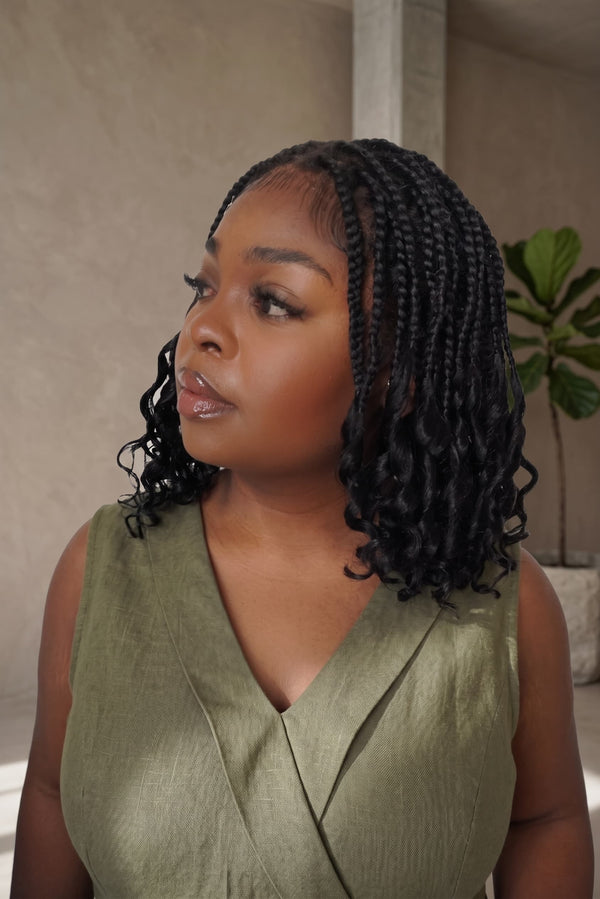 Nina - Short Pre Bleached Swiss HD Full Lace Knotless Box Braided Wig With Human Hair Curly Ends