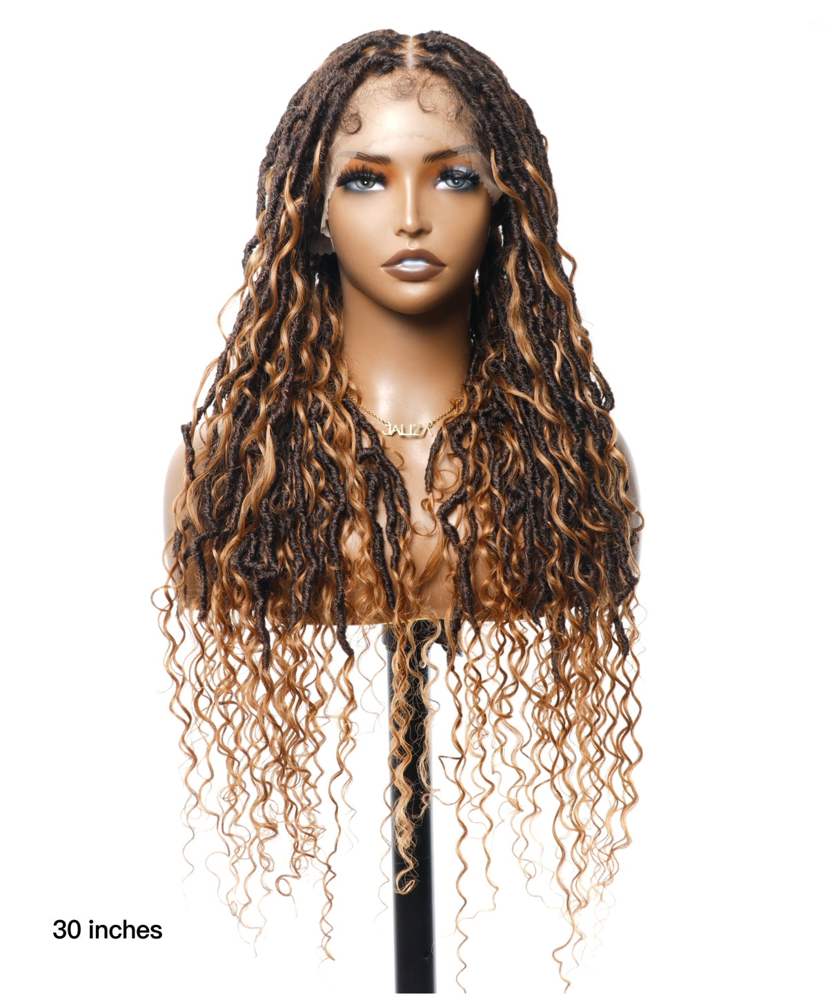 JALIZA 30 inch Ombre Brown 1B-30 Tangleless Boho Locs Pre Bleached Lace Braided Wig Middle Part (Mannequin - Front View)