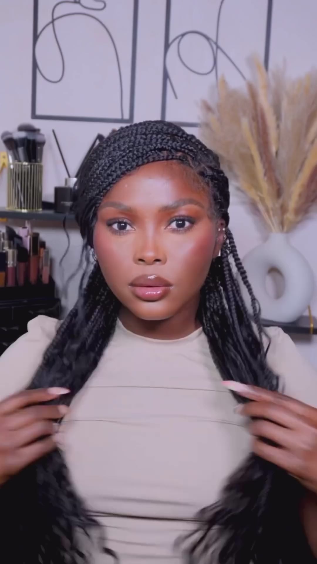 Load video: Triangle Base Human Hair Boho Curls 36" HD Full Lace Knotless Boho Box Braided Wig Full Density 99 Strands