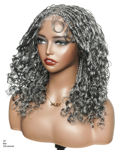 16" Salt & Pepper Deep Wave Curls Glueless HD Full Lace Boho Box Braided Wig – Human Hair & Synthetic Blend