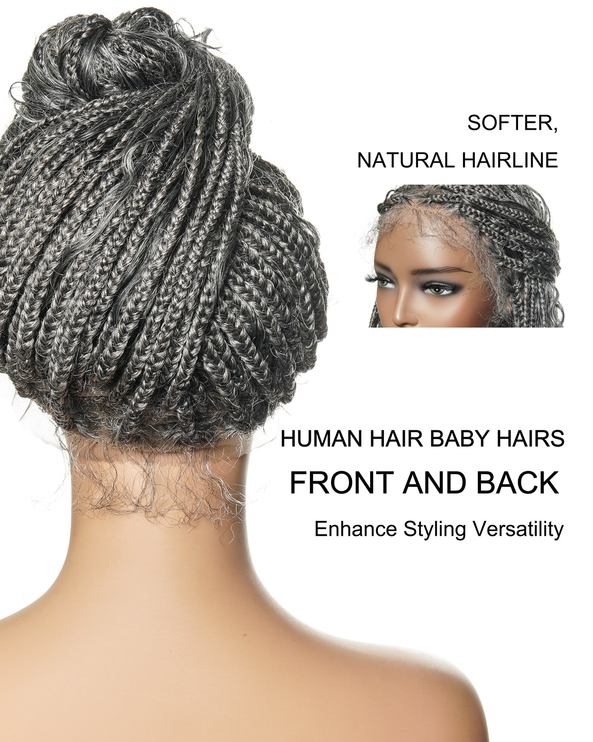 Salt & Pepper 24" HD Full Lace Boho Braided Wig with Deep Wave Human Hair & Synthetic Blend Curls #44 Base