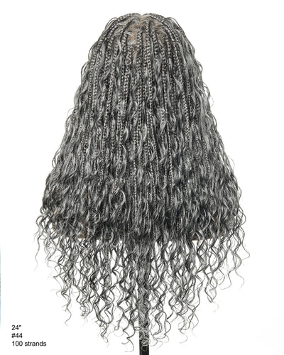 Salt & Pepper 24" HD Full Lace Boho Braided Wig with Deep Wave Human Hair & Synthetic Blend Curls #44 Base