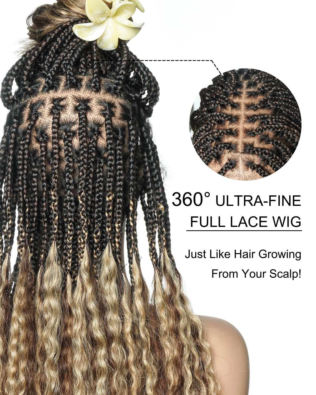 22" Mix Color #1B 4 27 Human Hair Curly Ends Pre Bleached HD Full Lace Knotless Box Braided Wig