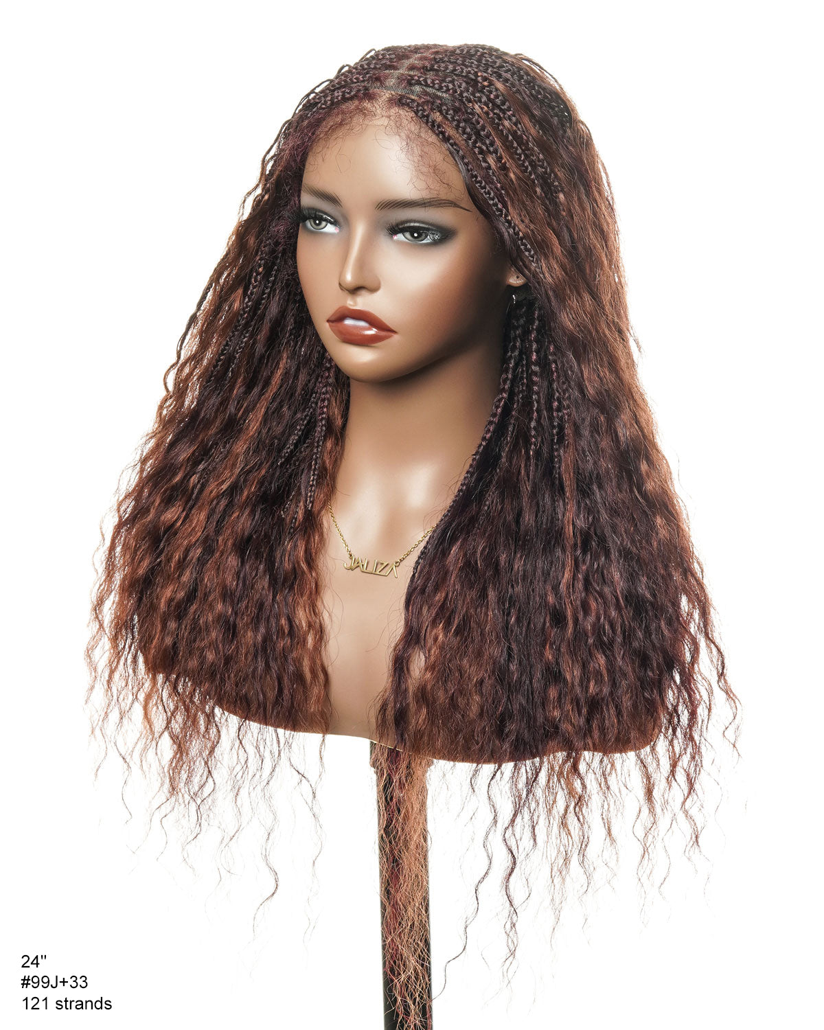 24" Mix Color Burgundy 99J & 33 Reddish Brown Super Style Human Hair Wet & Wavy Curls Swiss HD Full Lace Boho Box Braided Wig 121 Strands